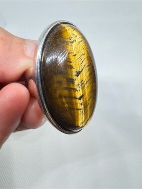 Large Genuine Tiger’s Eye Oval Statement Ring Silver Tone Size 6.5